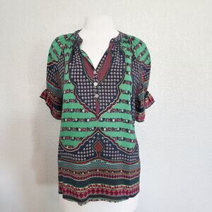 Ya Da Green Blue Paisley Printed Silk Blouse Size Large
